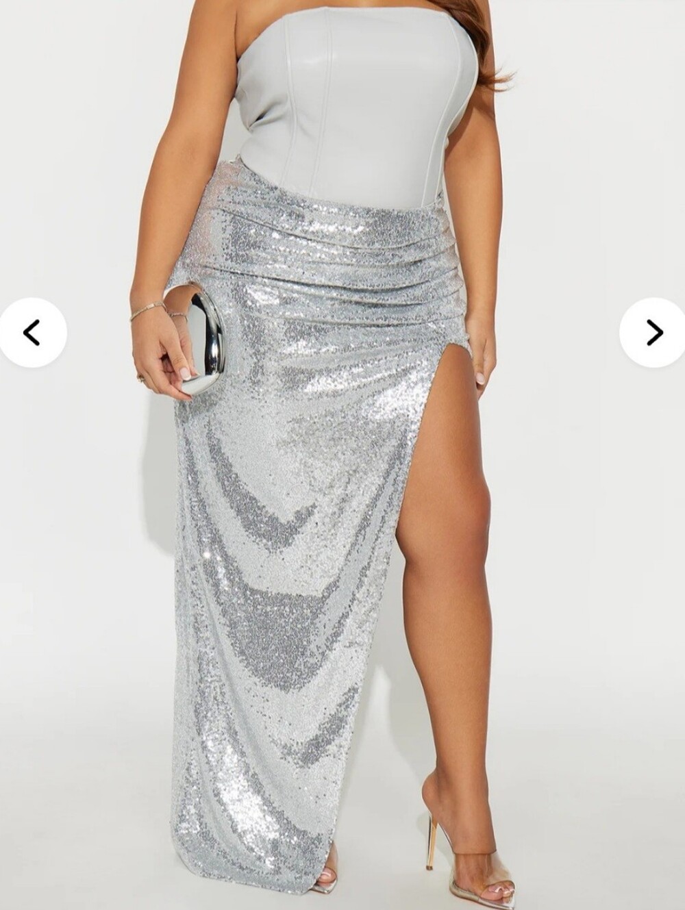 Silver Sequin High-Slit Maxi Skirt